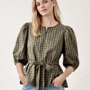 GANNI Seersucker Check Blouse Size 40/US Medium Puff Sleeve Tie Waist Green Top